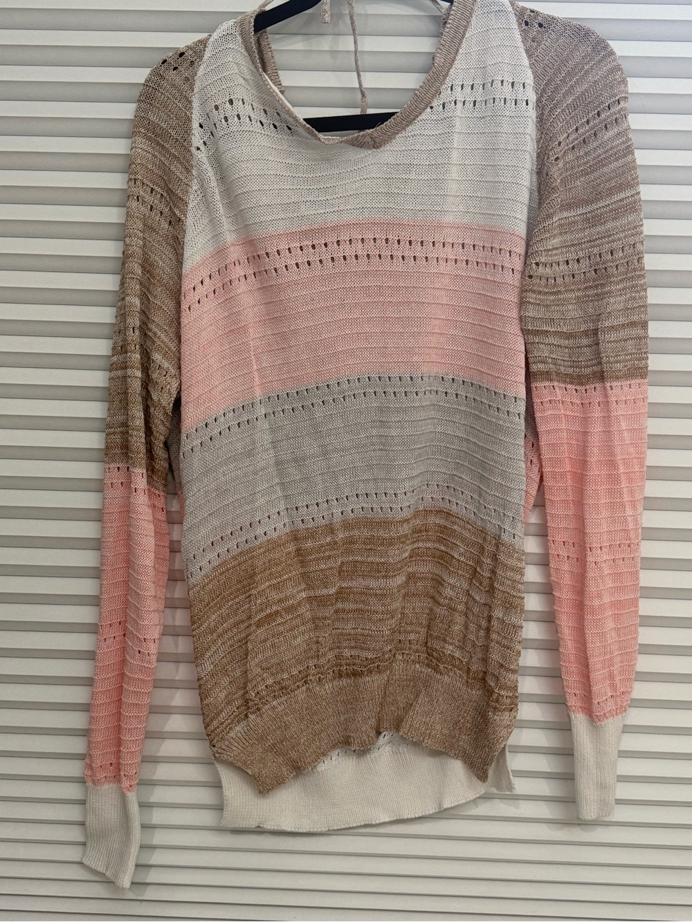 Striped Open-Knit Pullover Sweater - Pink, Cream & Tan